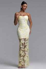 Livana Elegant Youthful Strapless Floral Embroidery Sheer Mermaid Maxi Dress